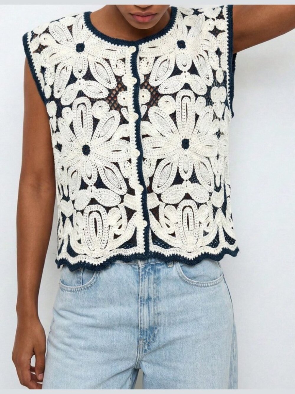 Ivory Crochet Floral Vest Top with Navy Trim
